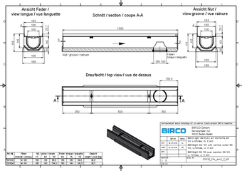 BIRCOlight® with steel angles NW 100 AS channel, 1 m, with outlet